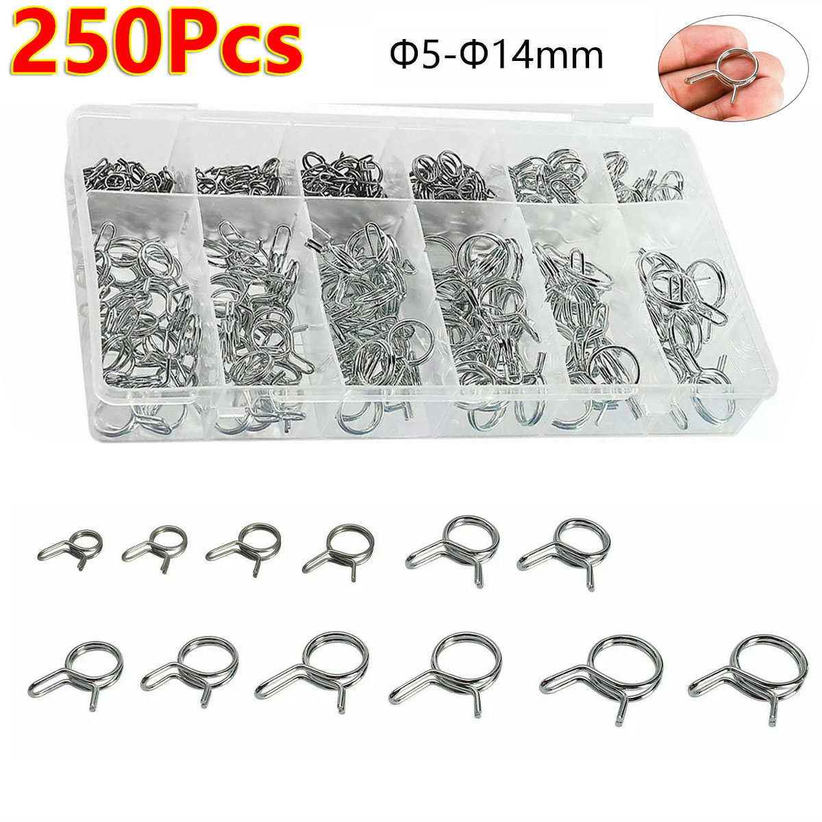 Hose Clamp Assorted - 250개 5-14mm 와이어 연료 라인 호스