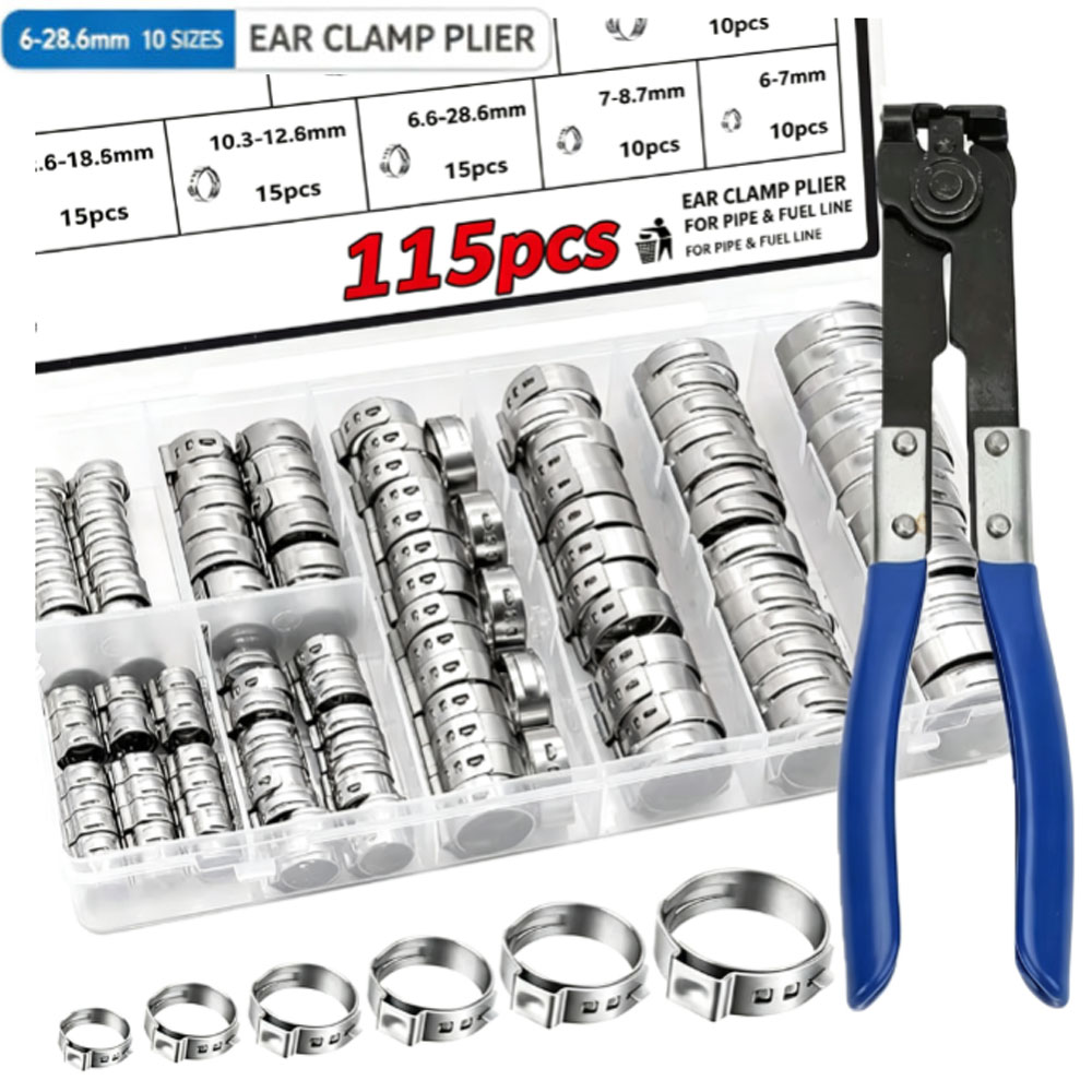 Hose Clamp Assorted - 115개들이 단일 이어형 호스 클램프 세트,
